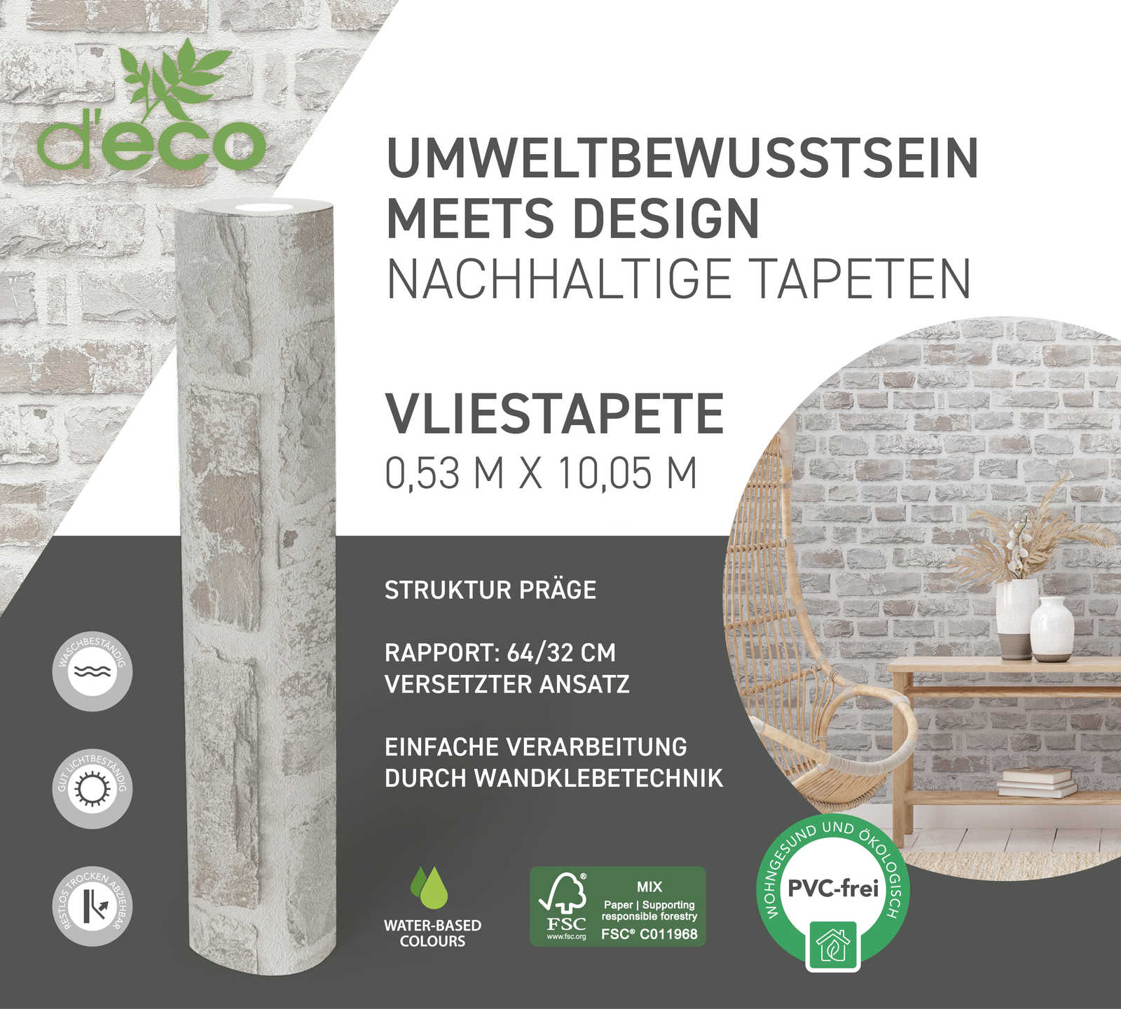             Vliestapete mit Natursteinmauer PVC-frei – Grau, Weiß
        