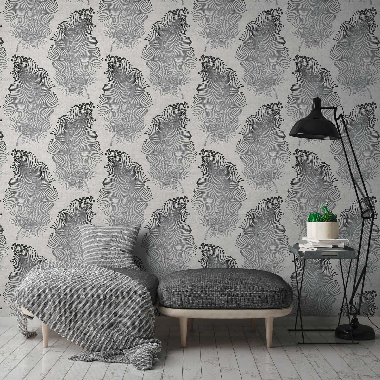 Metallic Tapete mit Feder Motiv im Boho Stil – Metallic, Weiß