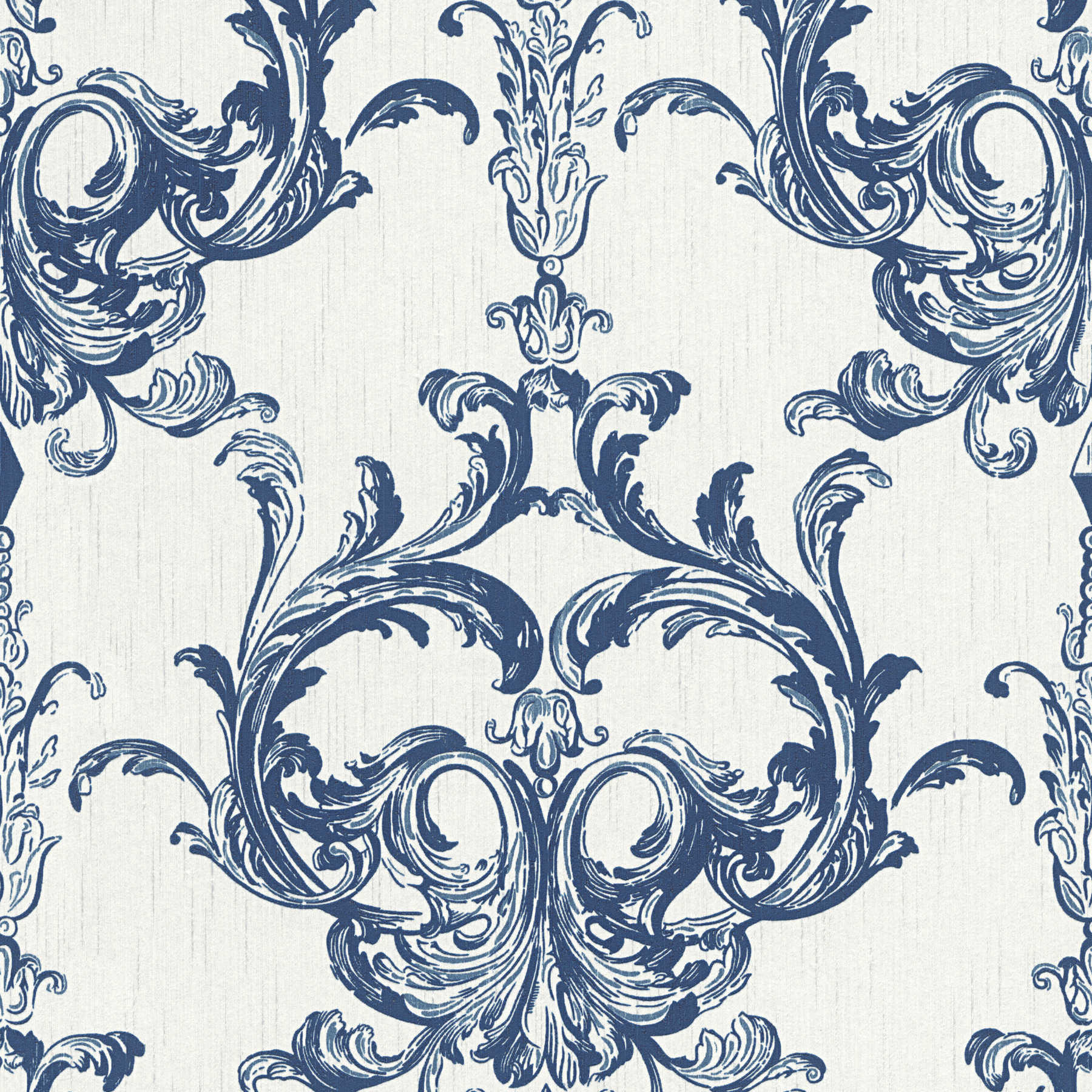         High-quality ornamental wallpaper with tendril pattern and silver foil shimmer - blue, white
    