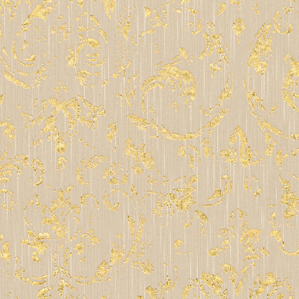 Ornamenttapete im Used-Look mit Metallic-Effekt – Beige, Gold