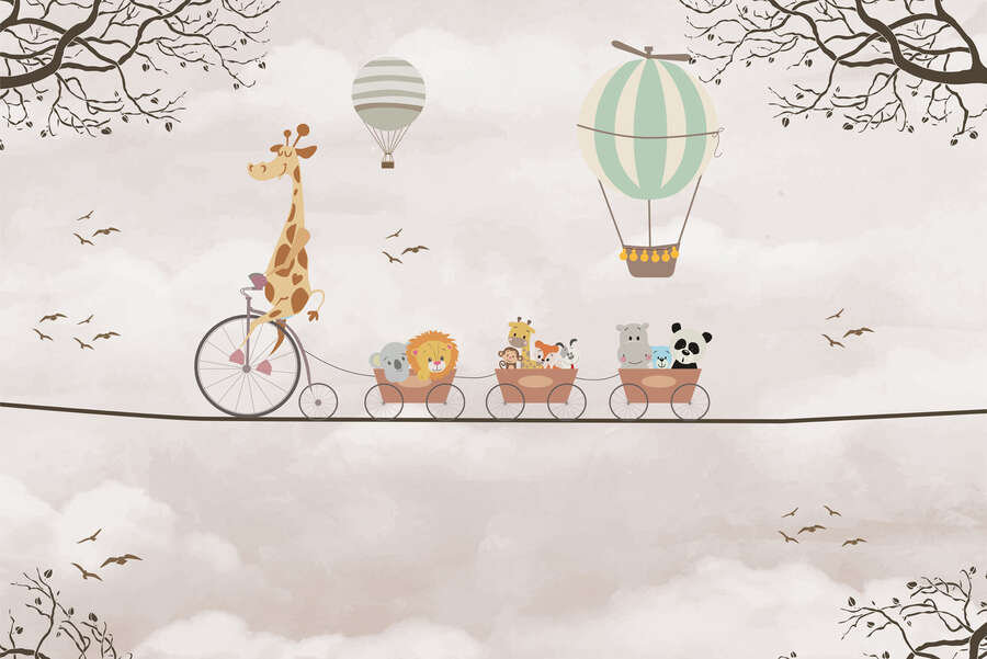 Kinderzimmer Fototapete lustige Tierkarawane – Vliestapete mit Giraffe und Freunden – Bunt