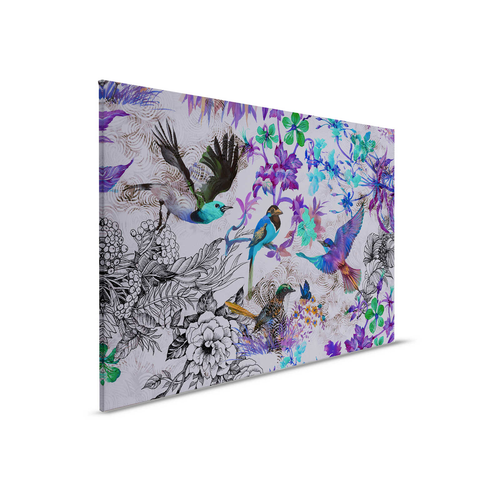         Paars canvas schilderij met bloemen en vogels - 0,90 m x 0,60 m
    