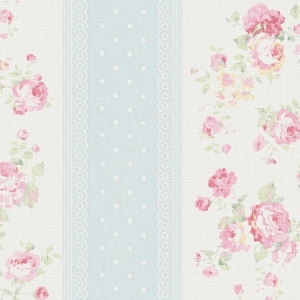 Vliestapete mit Streifen, Blumen und Punkten – Blau, Weiß, Rosa