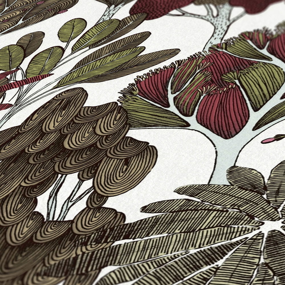             Tapete Bäume & Palmen im Doodle Design – Grün, Gelb, Weiß
        