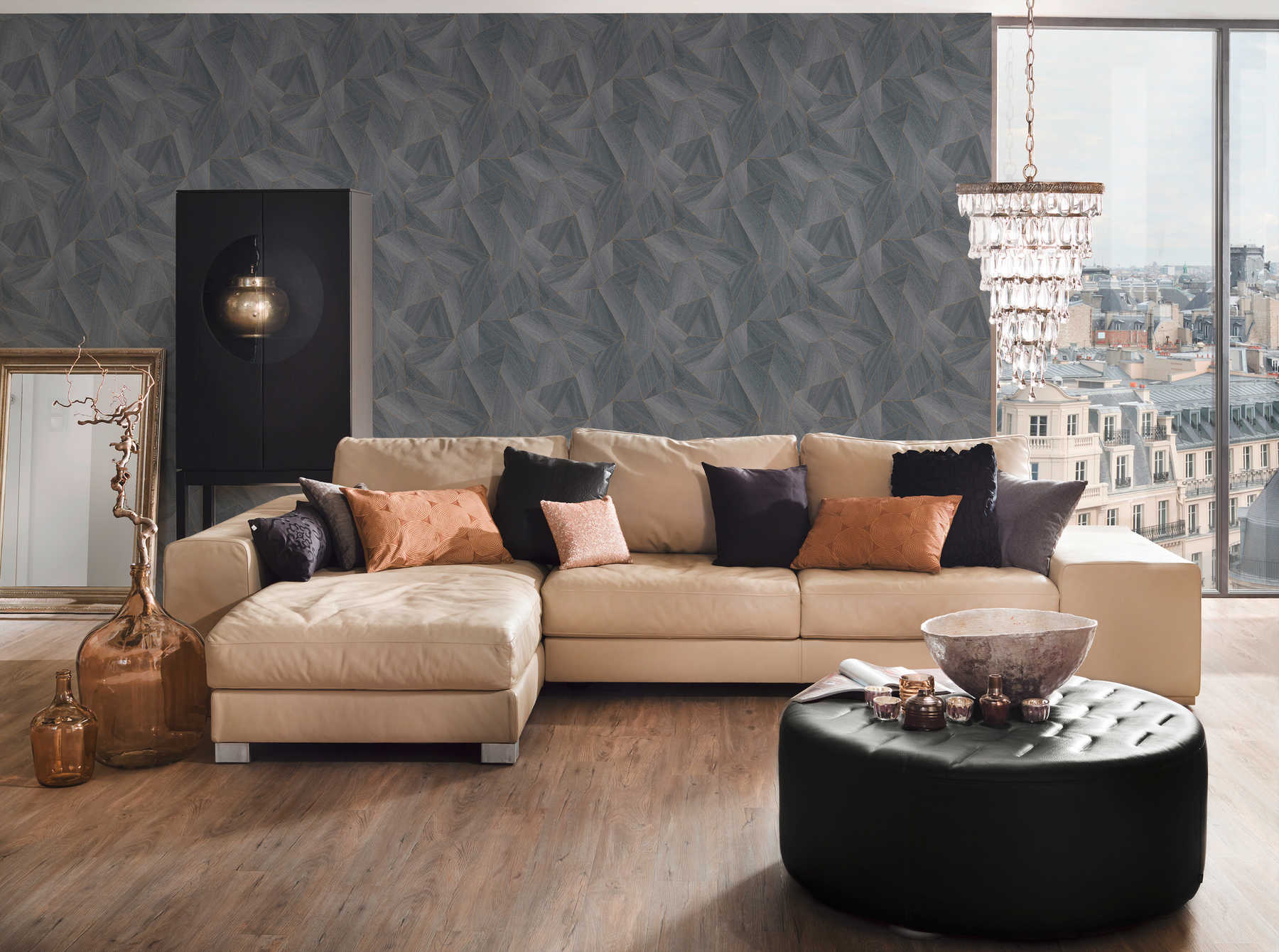 Holztapete geometrisches Muster &amp; Metallic-Effekt – Grau, Schwarz