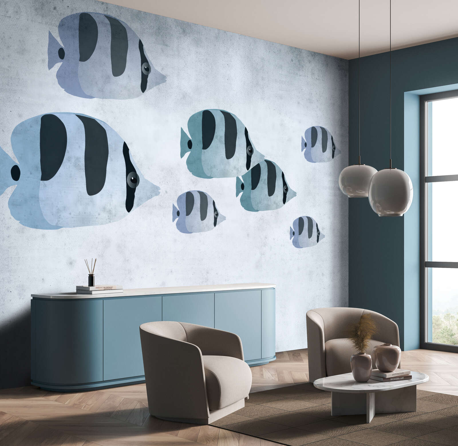 fish mural, sea life, blue wall, living room decor, wall art