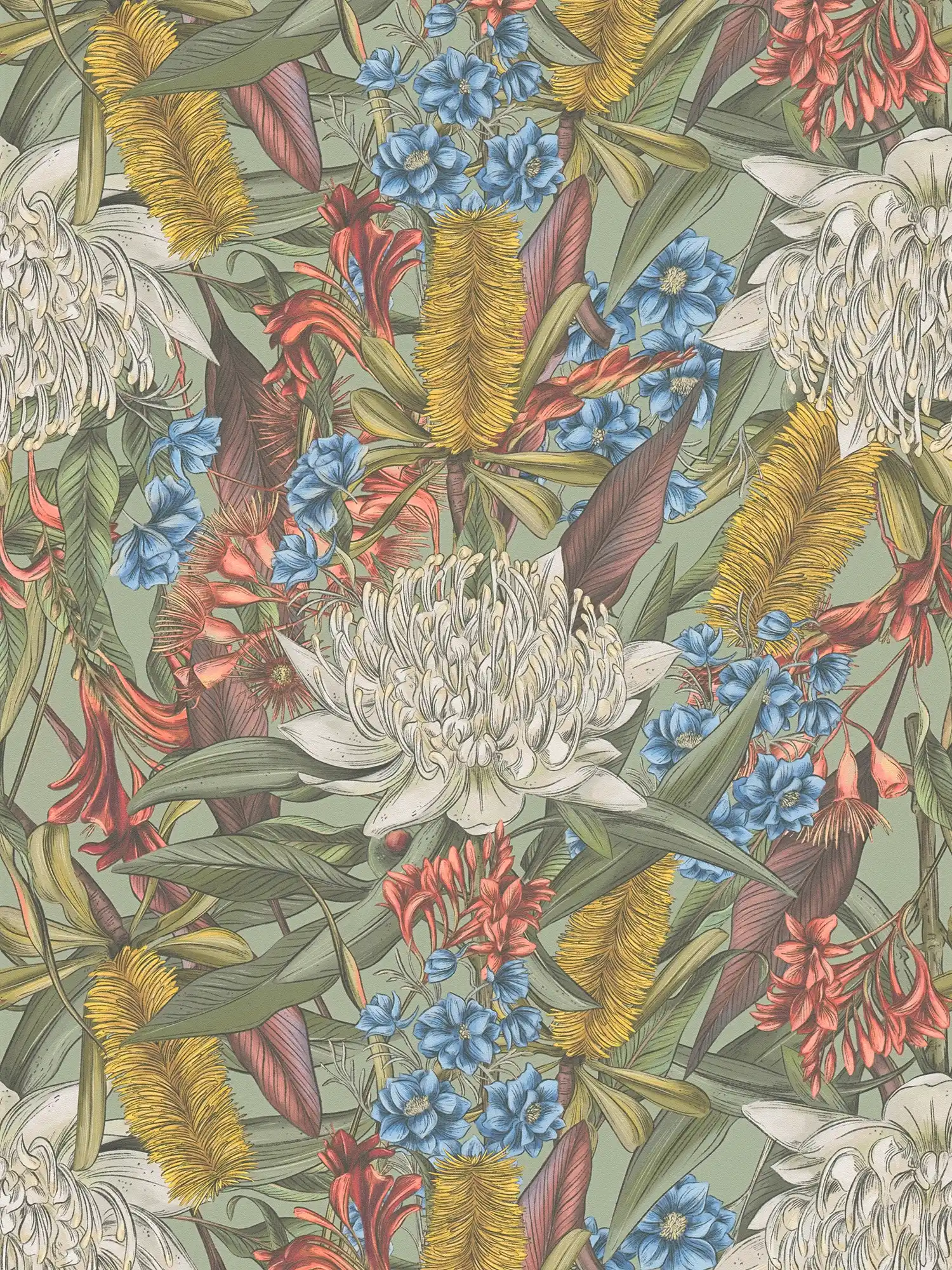         Floral wallpaper in jungle style with leaves & flowers textured matt - multicoloured, green, yellow
    
