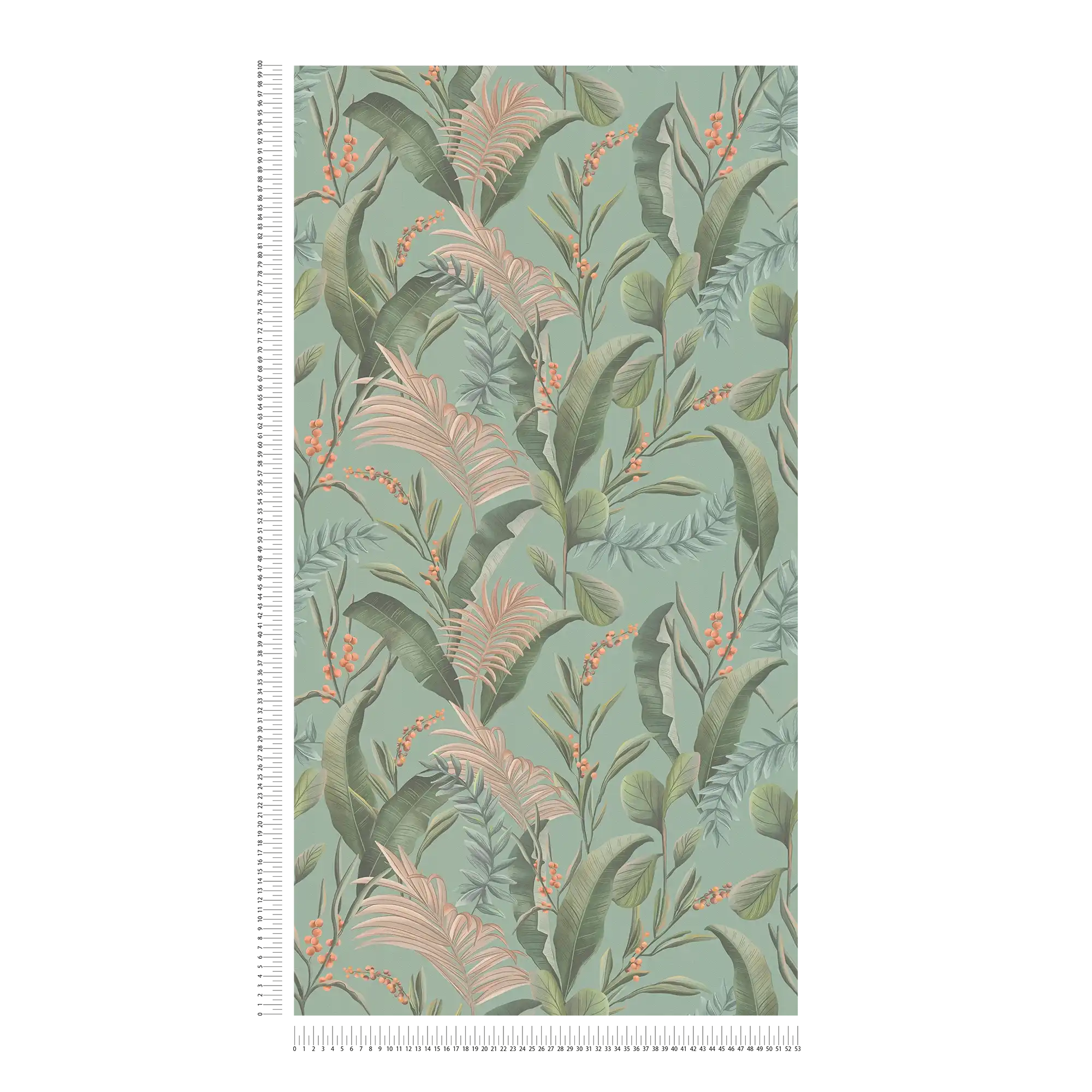             Dschungeltapete im floralen Stil mit Blättern strukturiert matt – Blau, Grün, Beige
        