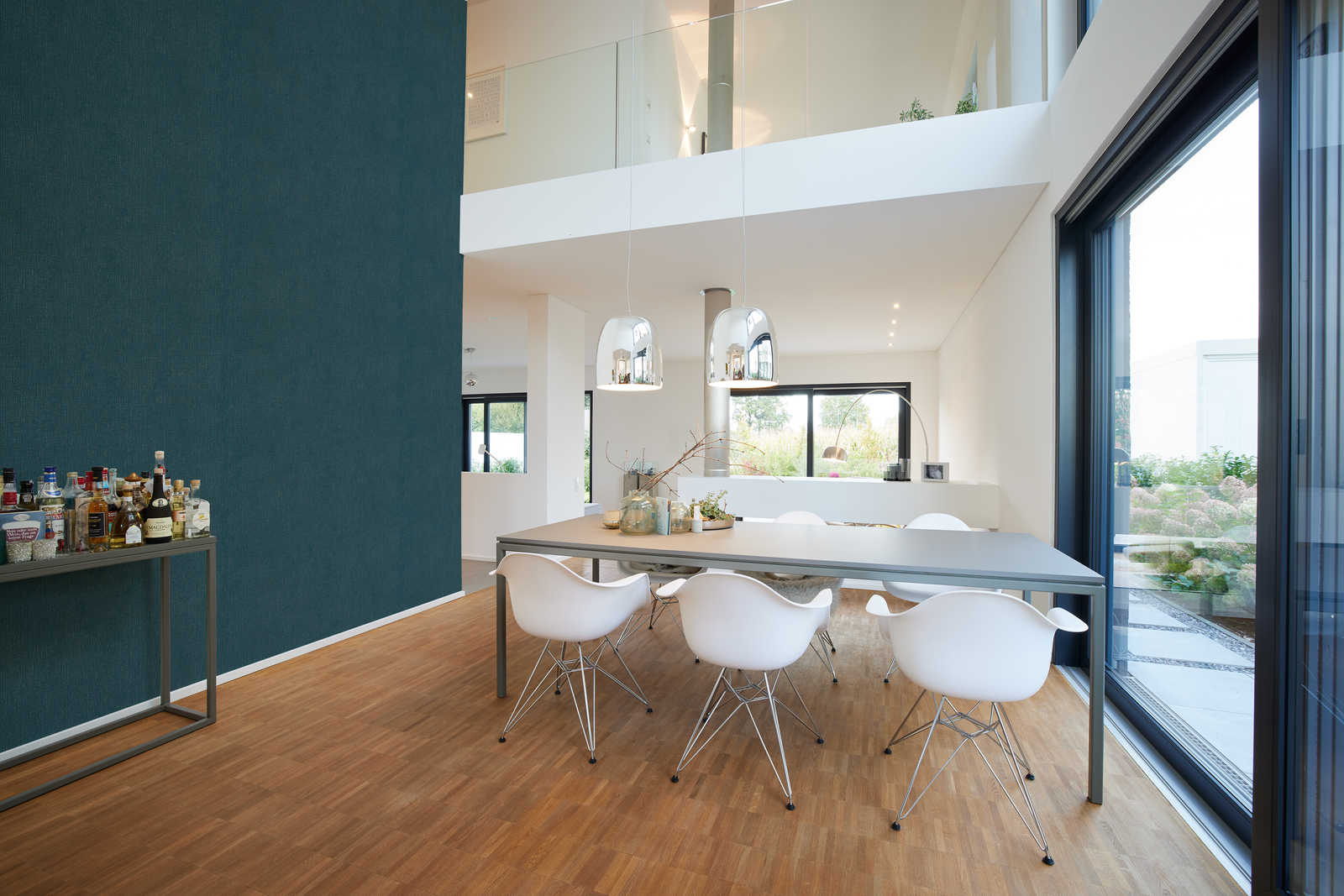             Petrol Tapete golden Meliert mit Textilstruktur – Blau, Metallic
        