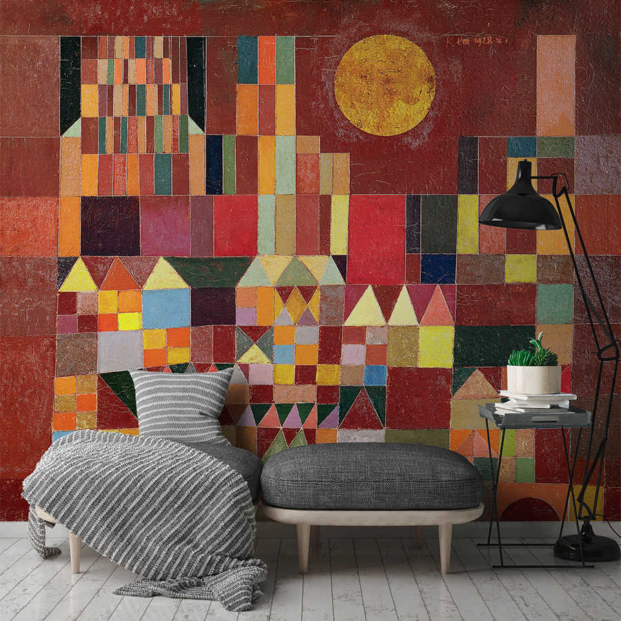 Tapezi Wandbild, Patchwork Wand, Geometrische Kunst, Sonnenkreis-Motiv, rote Wand