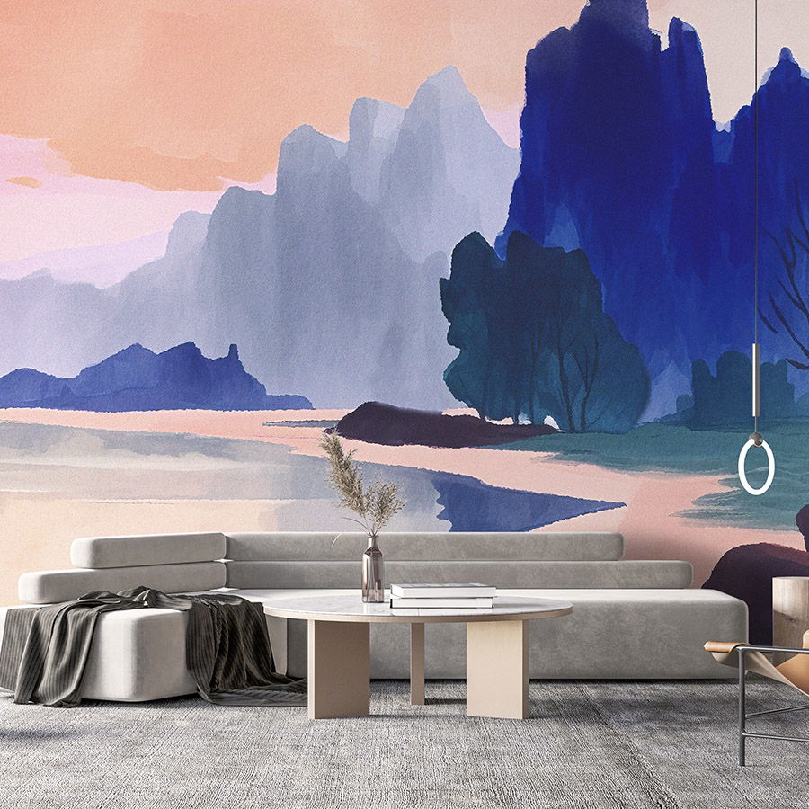         Photo wallpaper »aurora« - Landscape with lake at sunset - Blue, Pink | Smooth, slightly shiny premium non-woven fabric
    