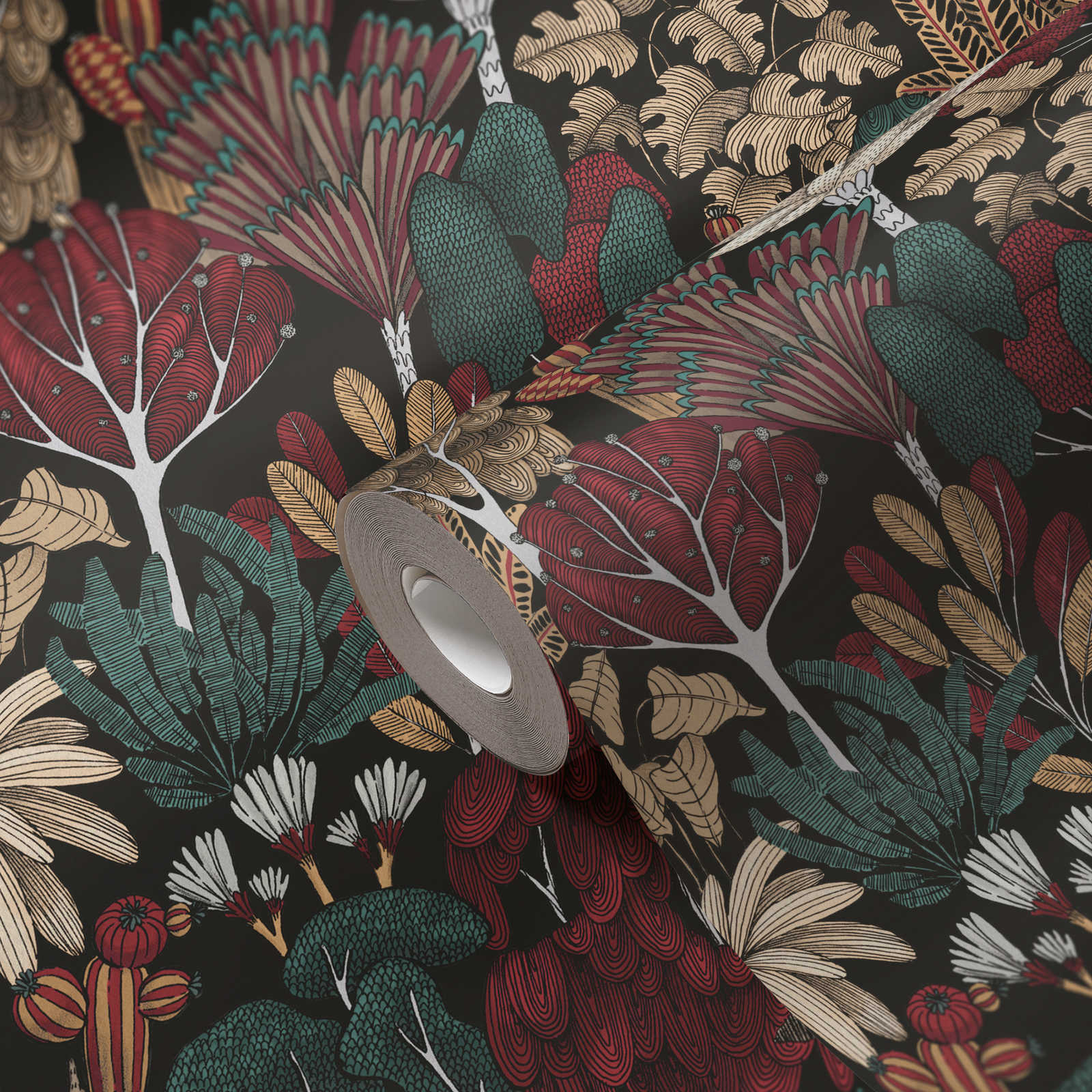             Tapete Bäume & Blätter im Zeichenstil – Schwarz, Grün, Rot
        