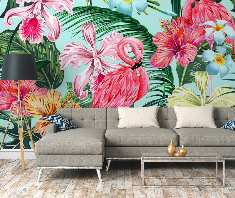             Papier peint tropical avec flamant rose - multicolore, bleu, vert
        