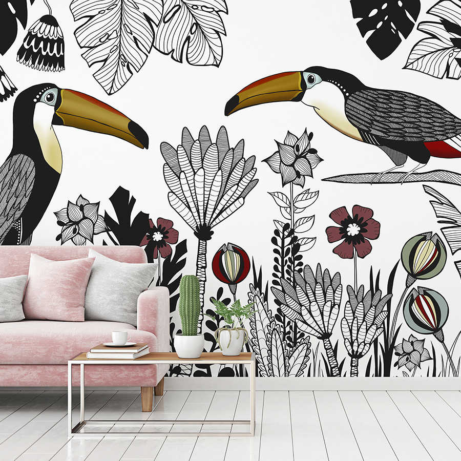tropische fassade, tukan, wand mural, pflanzen motif, dekor wand
