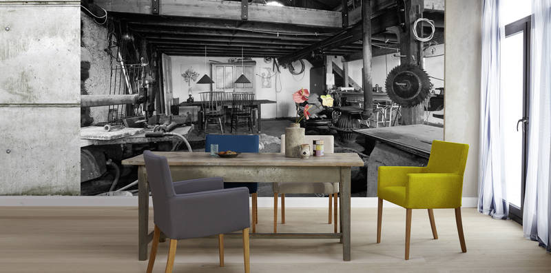             Papier peint panoramique chalet rustique motif photo noir et blanc
        