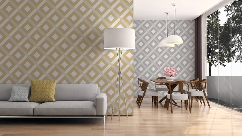 Wohnzimmer, Tapete Muster, Sofa, Esstisch, Lampe