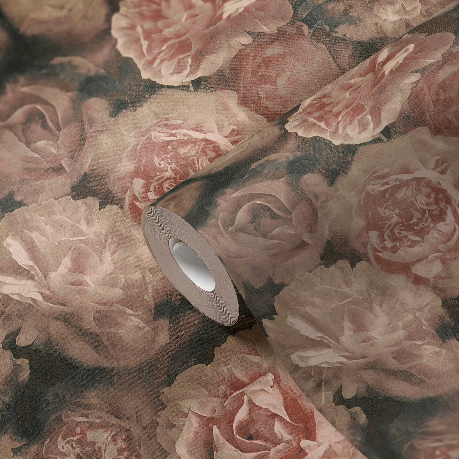             Vintage look floral wallpaper roses - pink, red, black
        