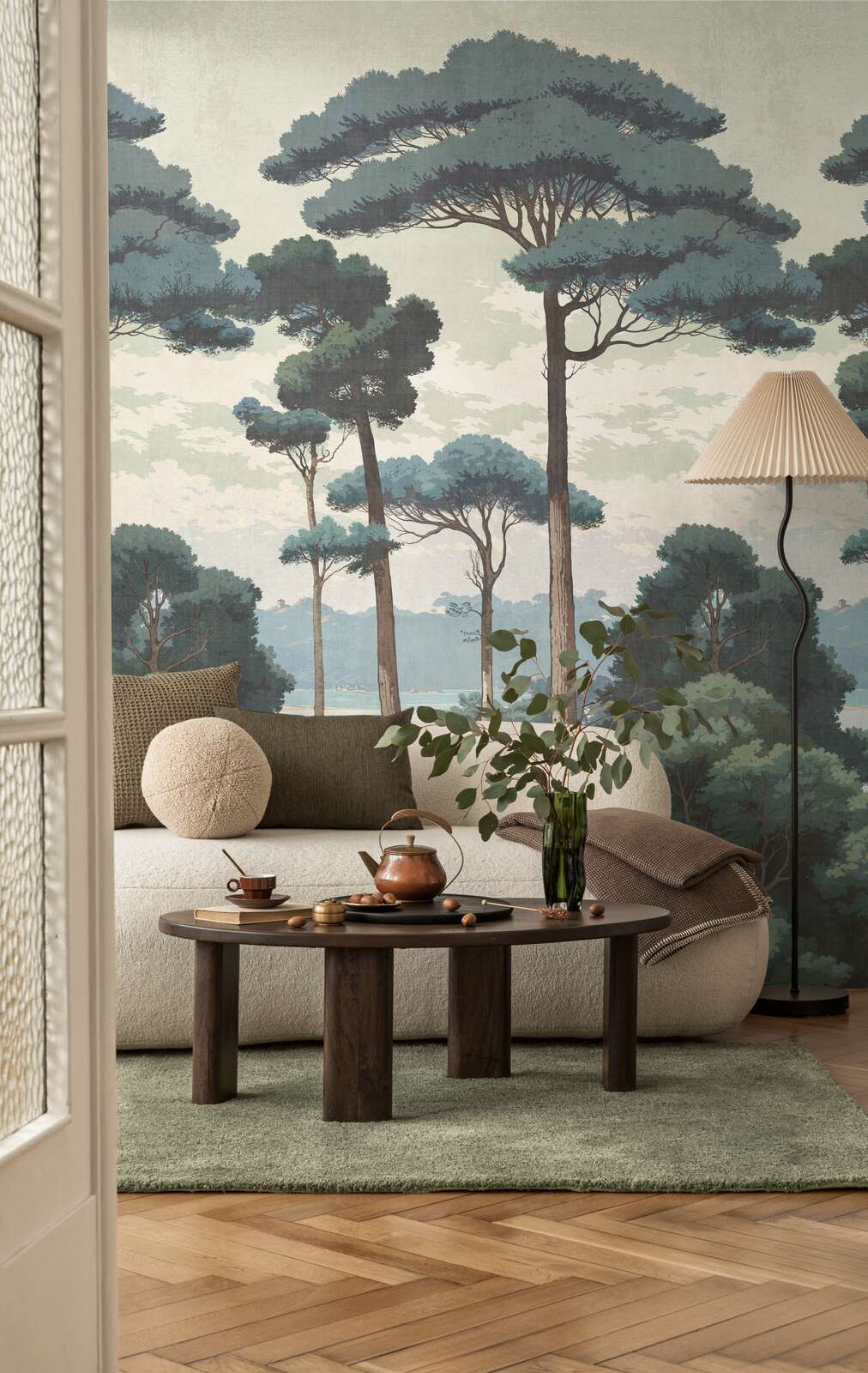 Sofa, Wohnzimmer, Teppich, Holztisch, Wandtapete