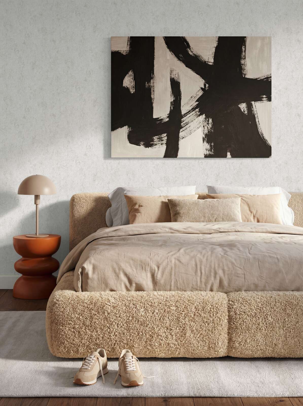 bett, bettkulisse, abstracte kunst, beige farben, soft furnishing