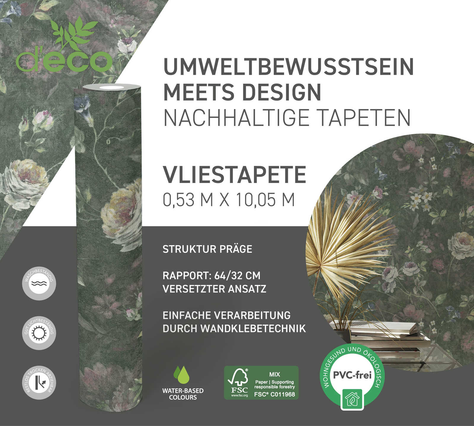             Vliesbehang met geschilderd bloemenpatroon PVC-vrij - groen, wit, roze
        