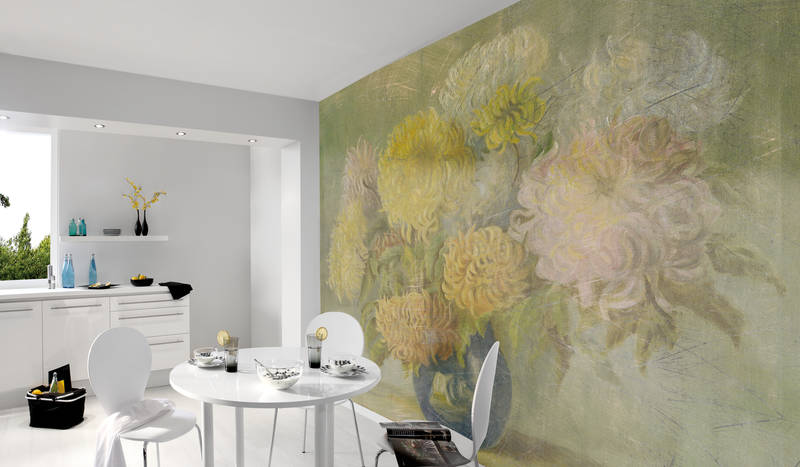             Fototapete Ölgemälde mit blauer Vase und Dahlien
        