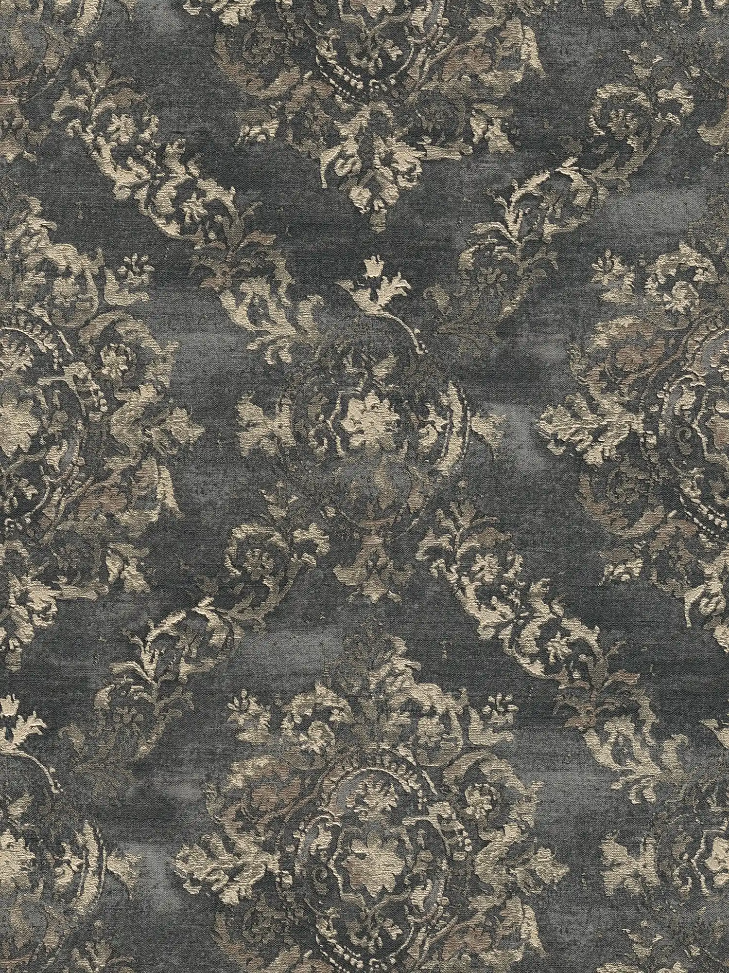         Schwarze Ornament Tapete Brokat Design im Used Look – Metallic, Schwarz
    