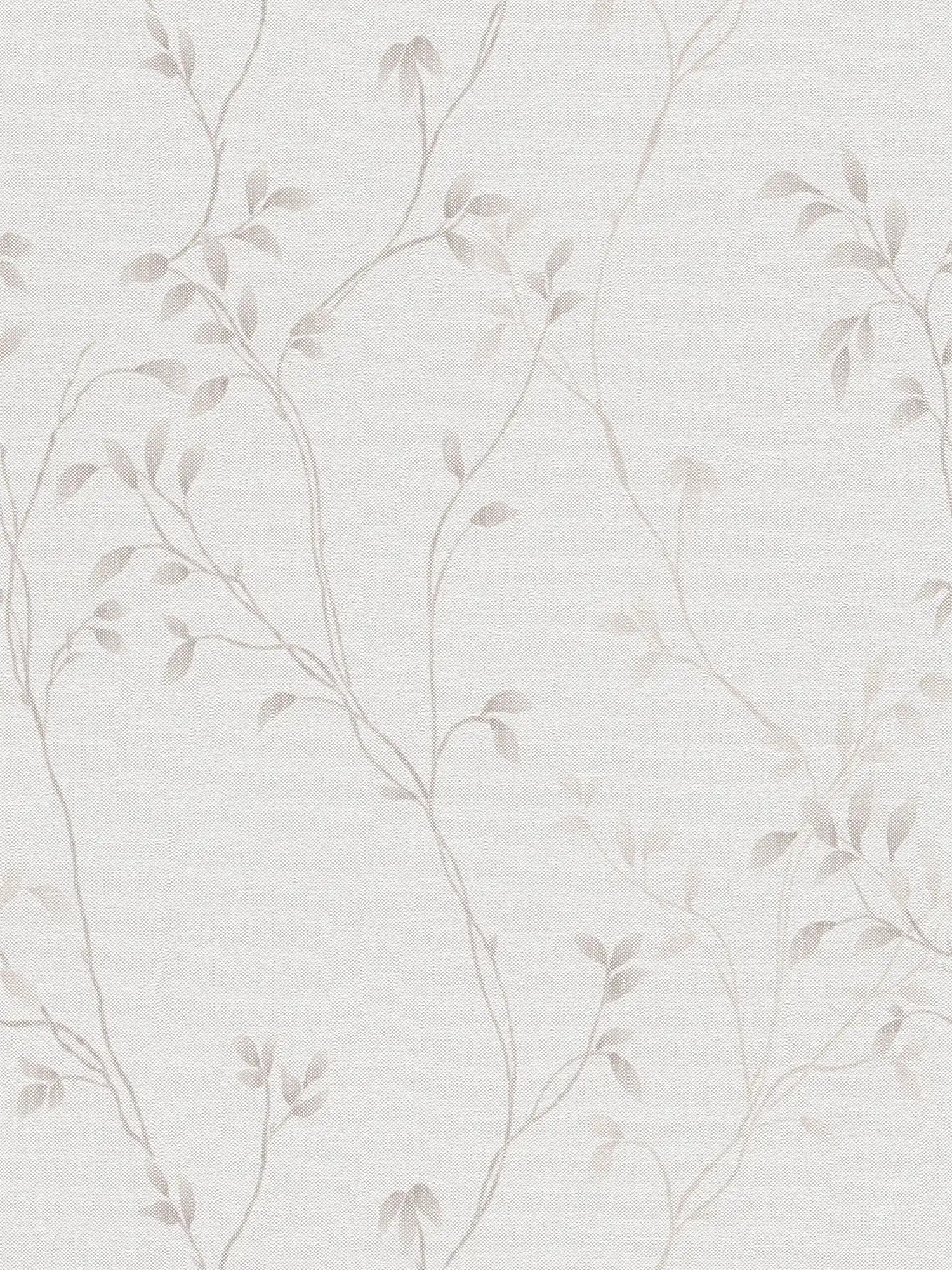 Plain non-woven wallpaper with leaf tendrils and surface texture - cream, beige