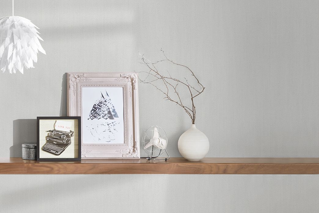 Wall shelf in front of light grey wall non-woven wallpaper AS373375
