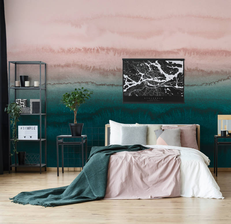 bettenzimmer, bettwäsche, wandbild, teppich, pflanze