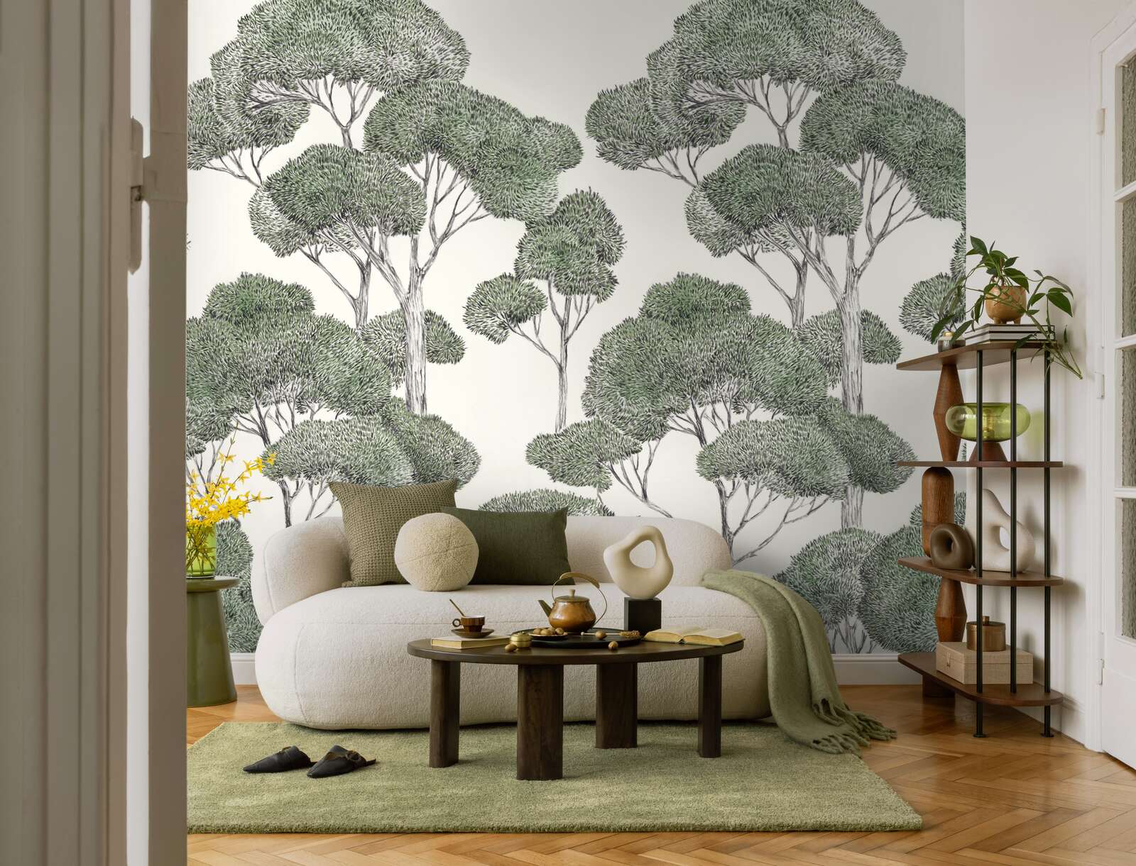wandtapete, zimmerdeko, pflanzenmuster, sofa, wohnzimmer