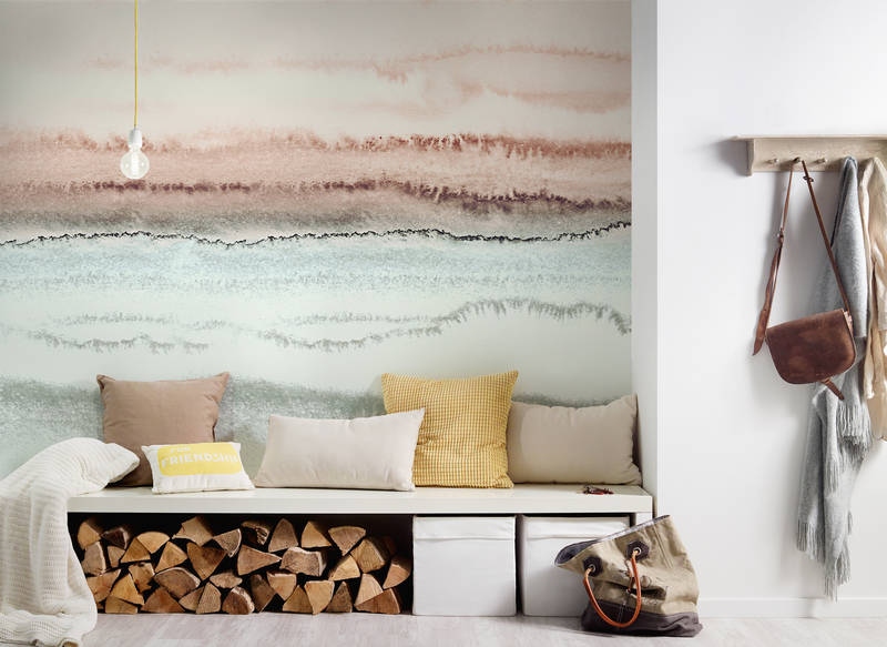 Wohnzimmer, Sitzbank, Holzscheite, Kissen, Wandbild