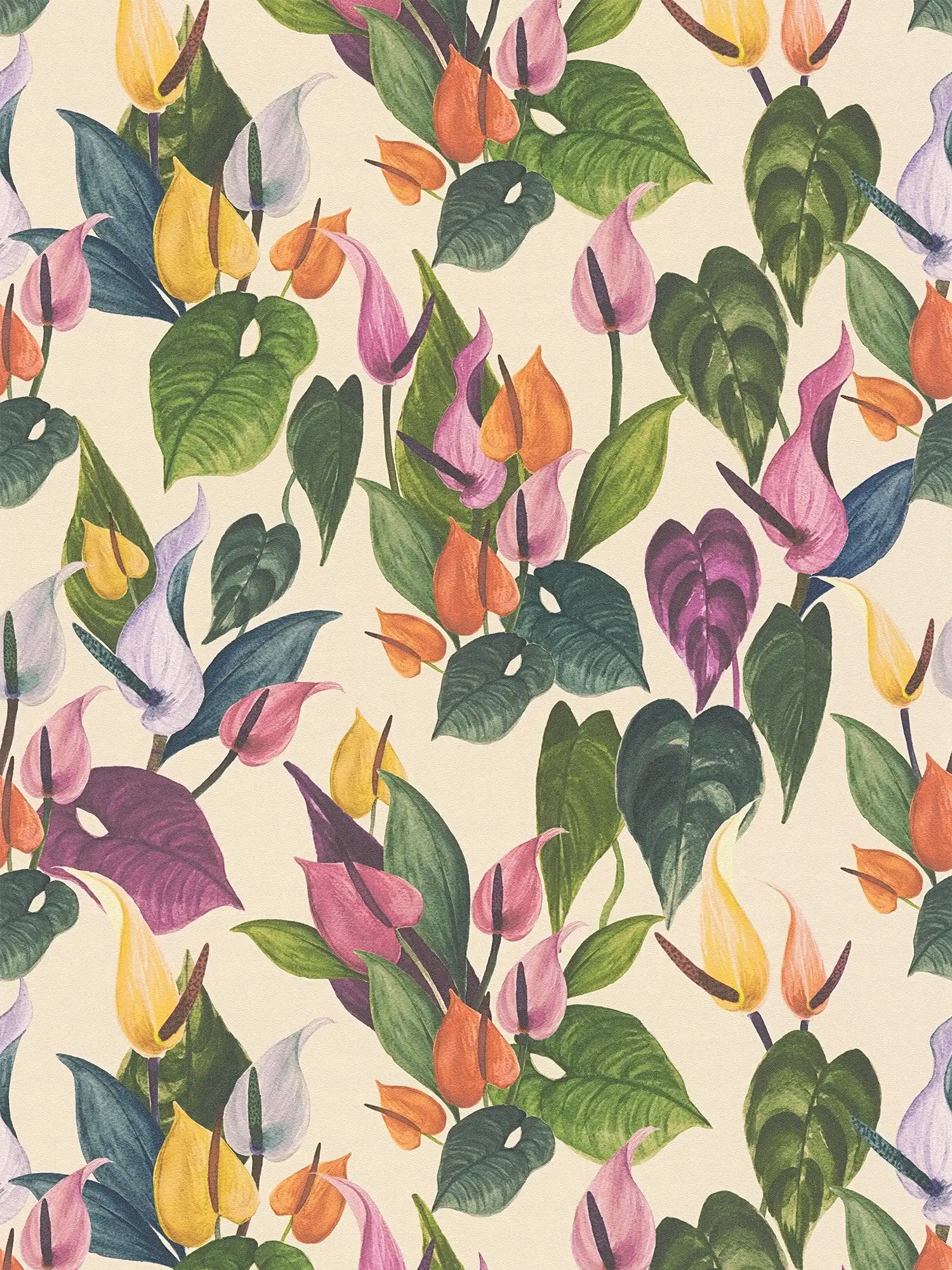         Speels, bloemig vliesbehang met een levendig bloemmotief en fijne oppervlaktestructuur - beige, kleurrijk
    