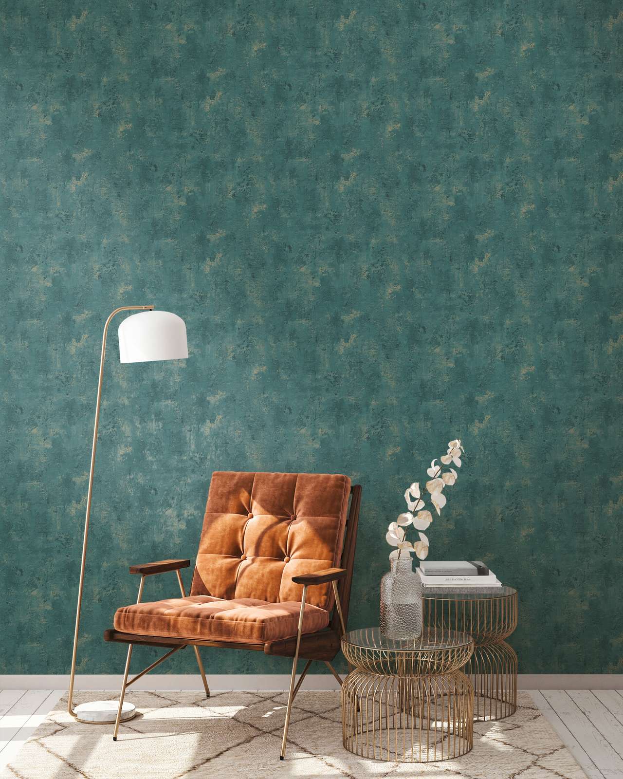             Petrolbehang betonlook met structuurdesign - groen, metallic
        