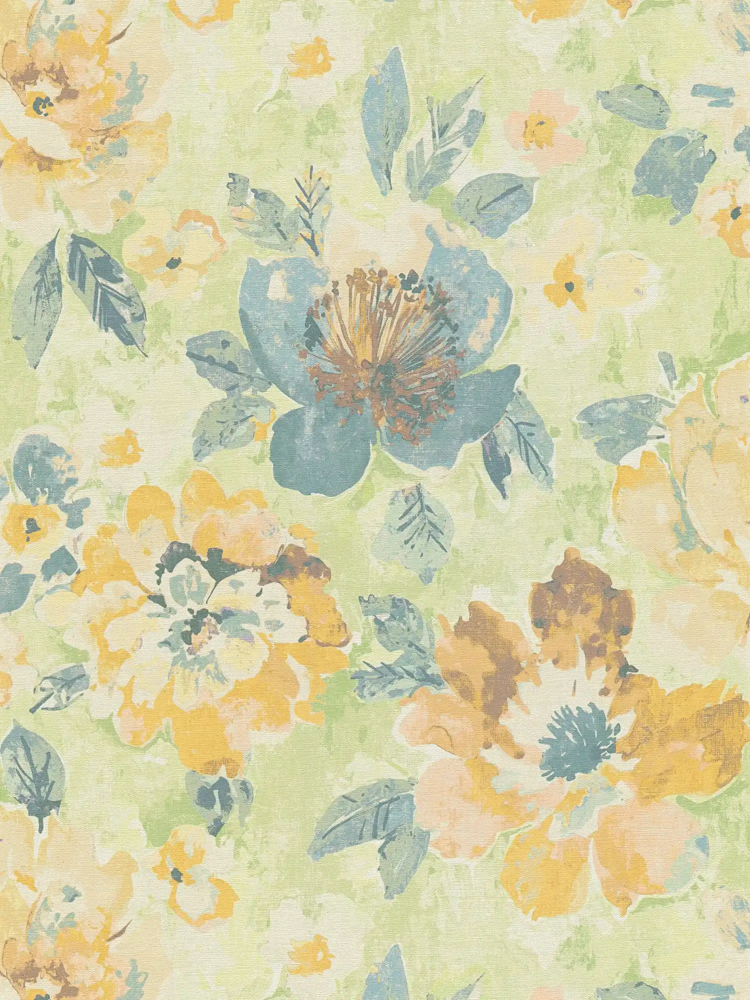         Non-woven floral wallpaper in watercolour and vintage design - colourful, green, yellow
    