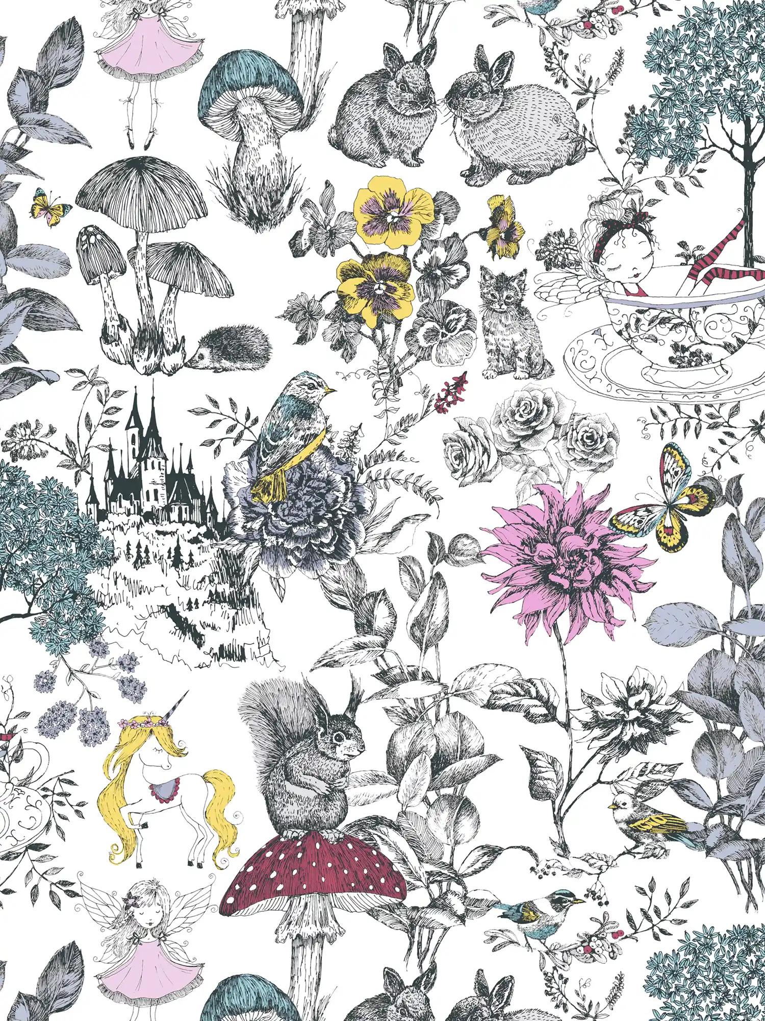 Kinderkamer behang sprookjesbos bloemen &amp; dieren - zwart, wit, geel