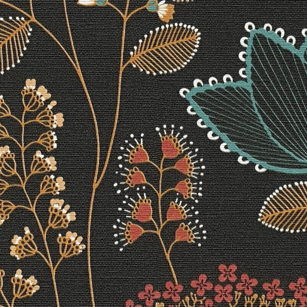             Florale Vliestapete mit Blättern im Retro-Stil leicht strukturiert, matt – Schwarz, Bunt, Petrol
        