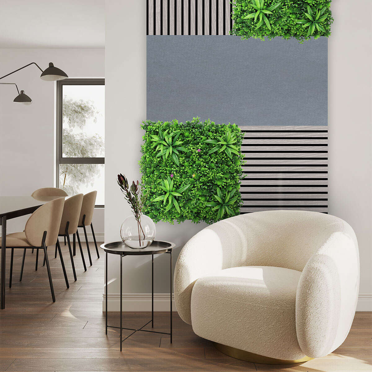 Sofa, Sessel, Wohnzimmer, grüne Wand, Innenbegrünung