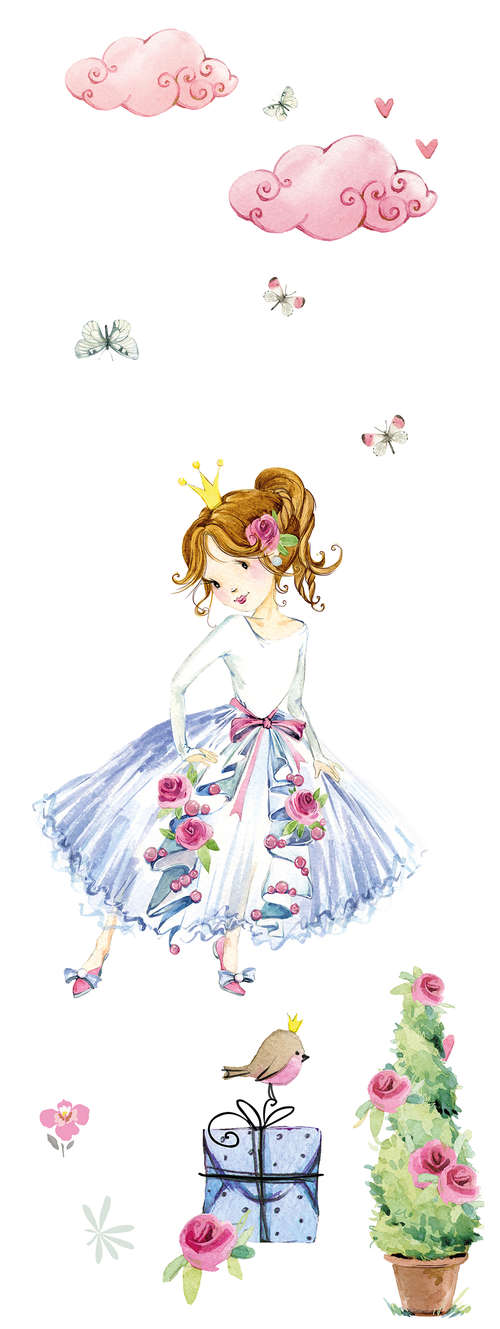 fiktive prinzessin, rosa wolken, blumenkleid, geschenkbox, rosenpflanze
