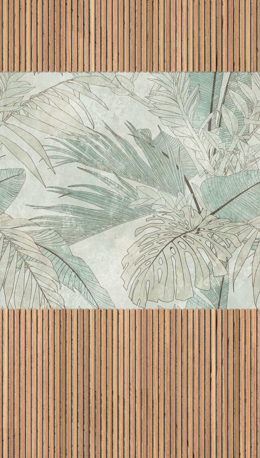 Vliestapete Bambus Akustikapaneele mit Palmenblttern und groflchiger  Musterwiederholung  Beige, Braun, Blau