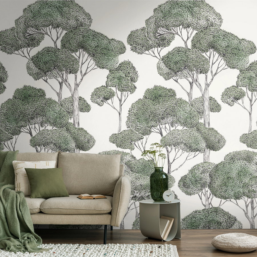 Wandtapete, Waldmotiv, Paneelwand, Grün, Wohnzimmer