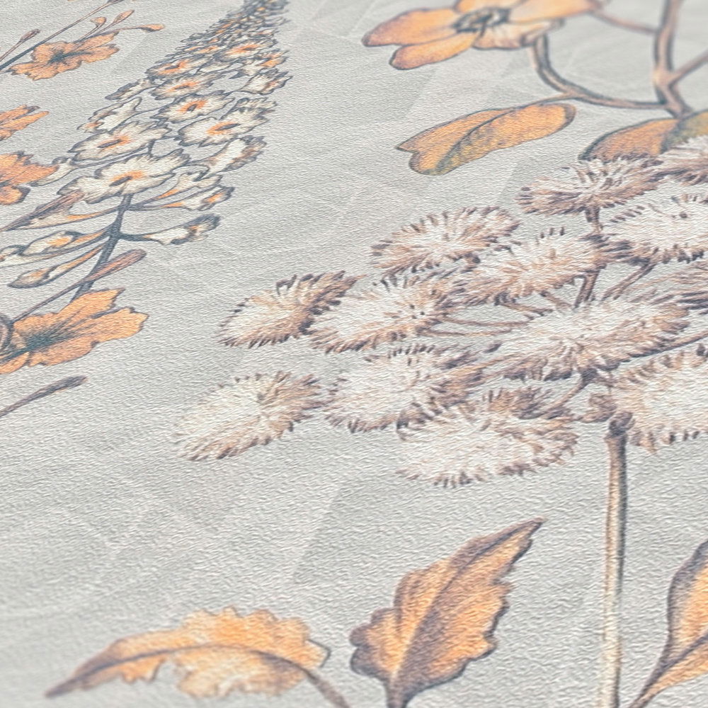             Vliesbehang met bloemen vintage design - lichtgrijs, oranje, geel
        