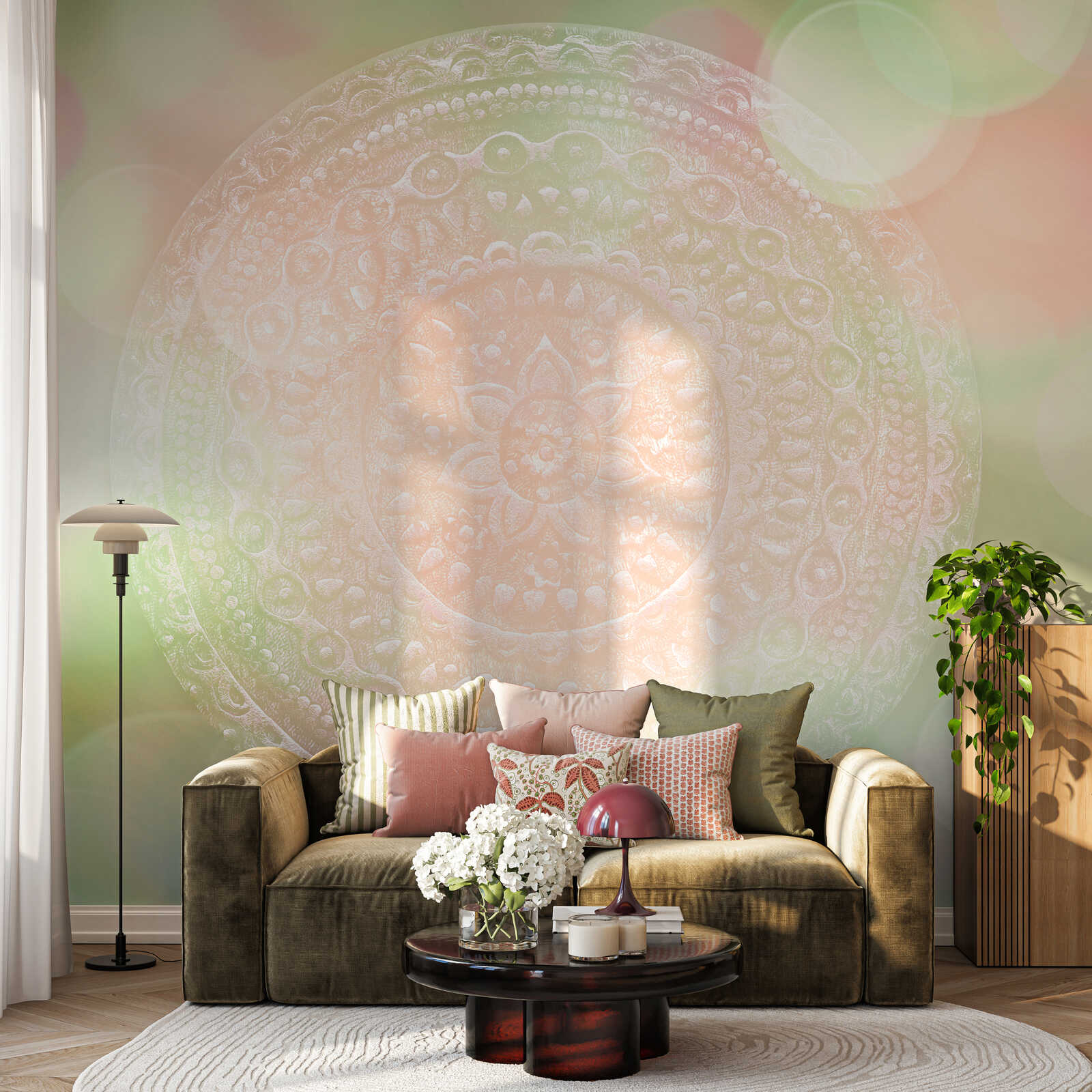 sofa, kissen, couchtisch, lampe, wand mural