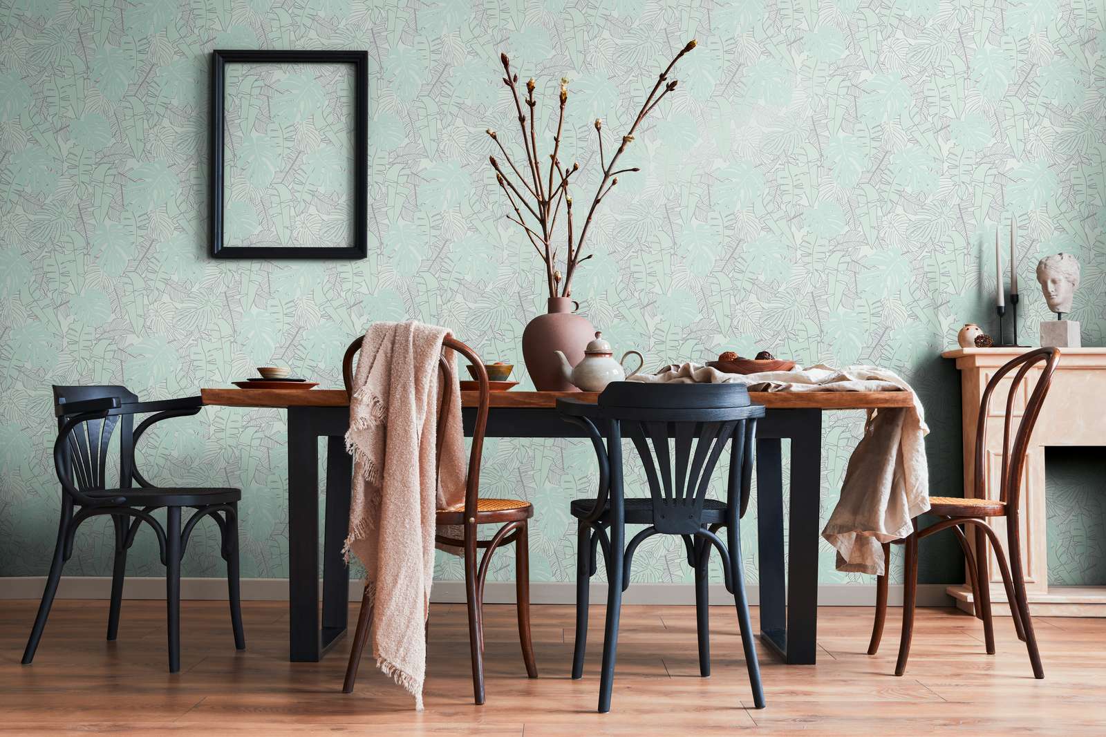 Pastel non-woven wallpaper with banana leaves &amp; glossy effect - mint, green, metallic