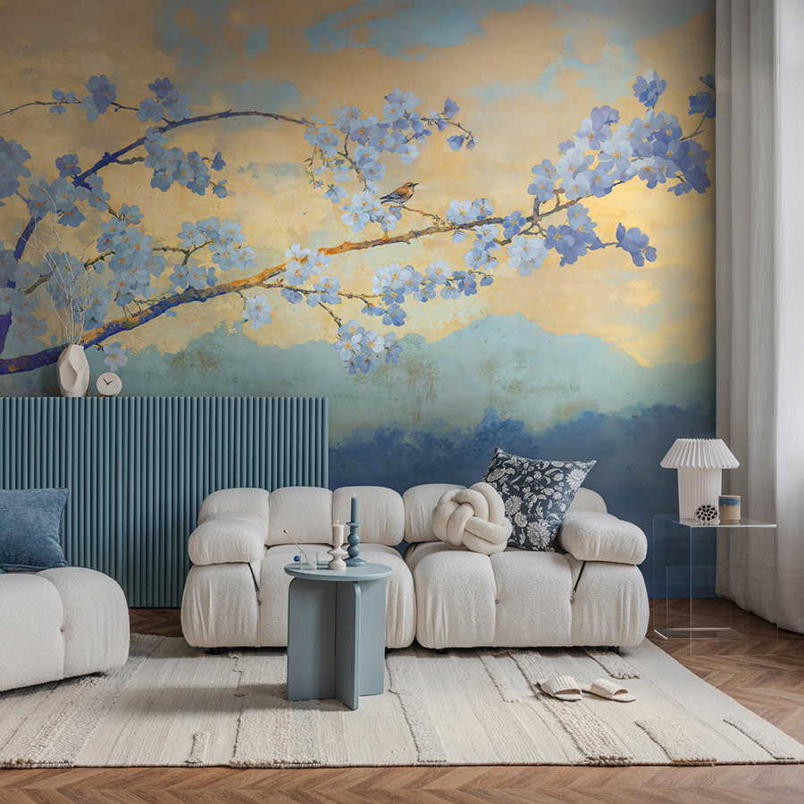 Wohnzimmer, Wandbild, Blumenmotiv, Blau, Sofa