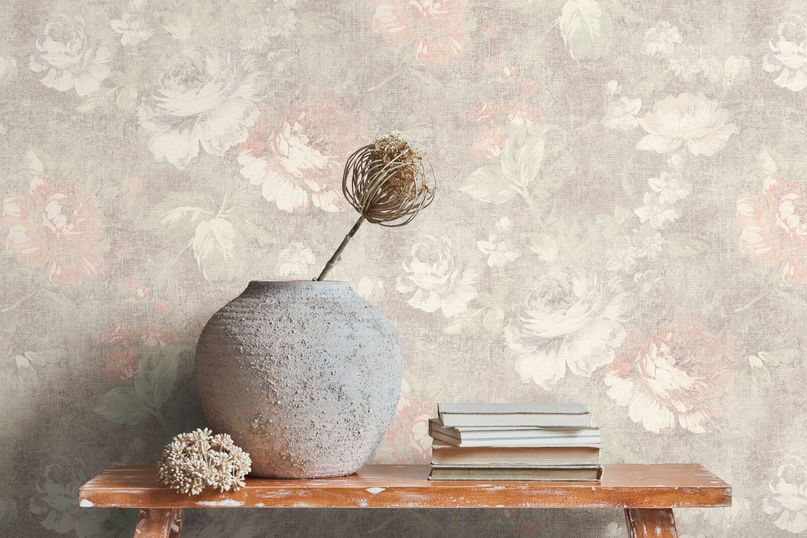 Natürliche Blumen Tapete Vintage &amp; Leinenoptik – Braun, Creme, Rot