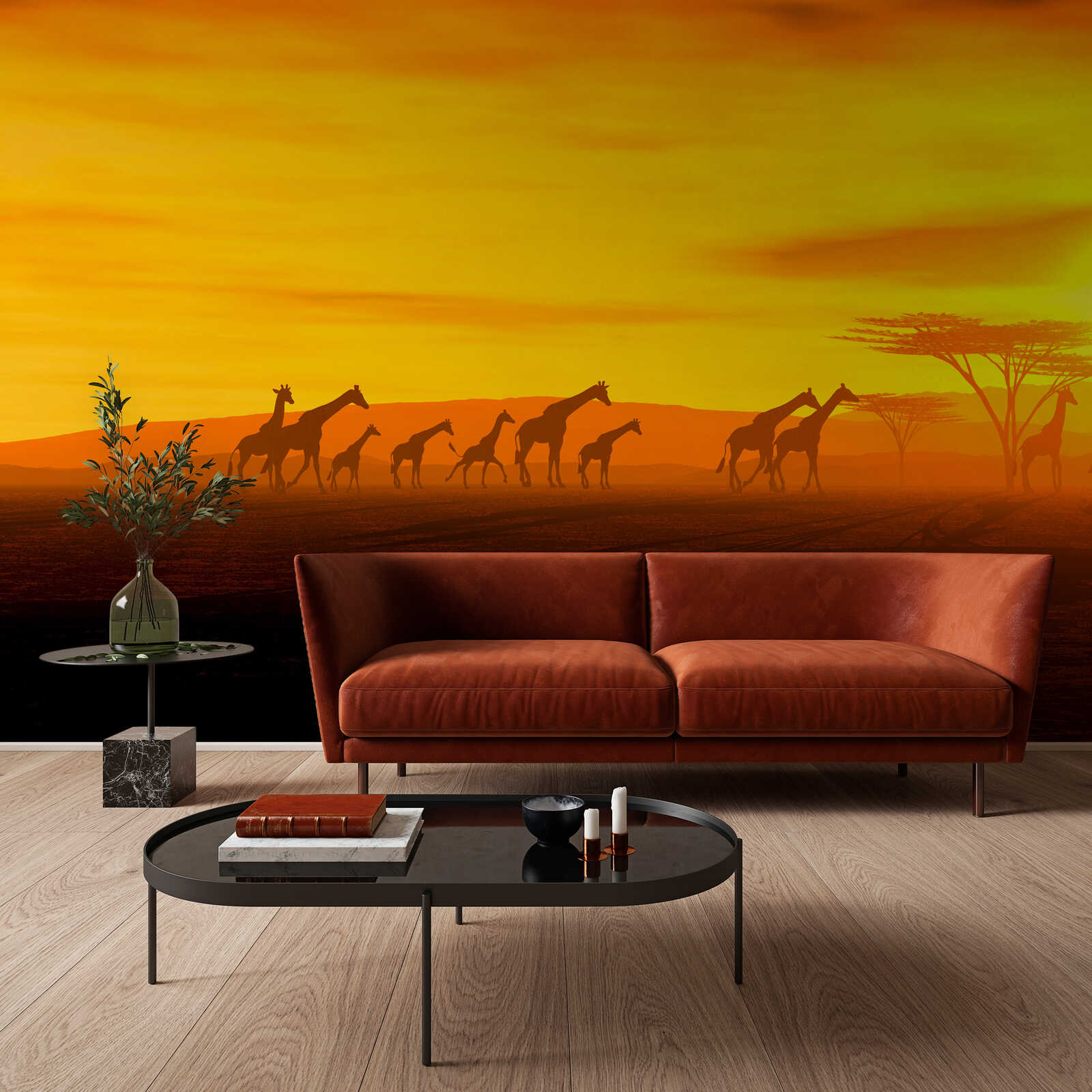 Sofa, Rotbraun, Leder-Sofa, Wohnzimmer, Wandbild-Szene
