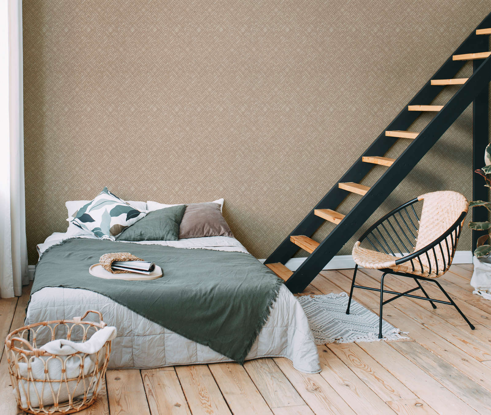             Metallic Tapete mit Linien-Grafik – Gelb, Beige
        