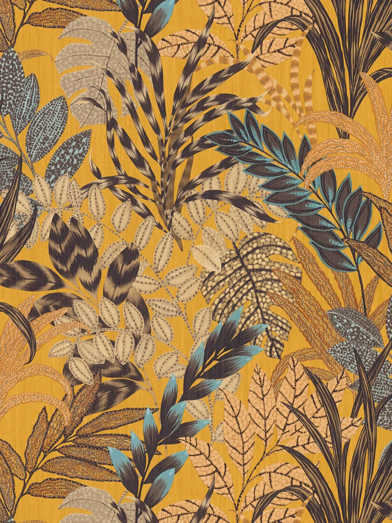 Behang met bladmotief in heldere kleuren - bruin, veelkleurig, geel