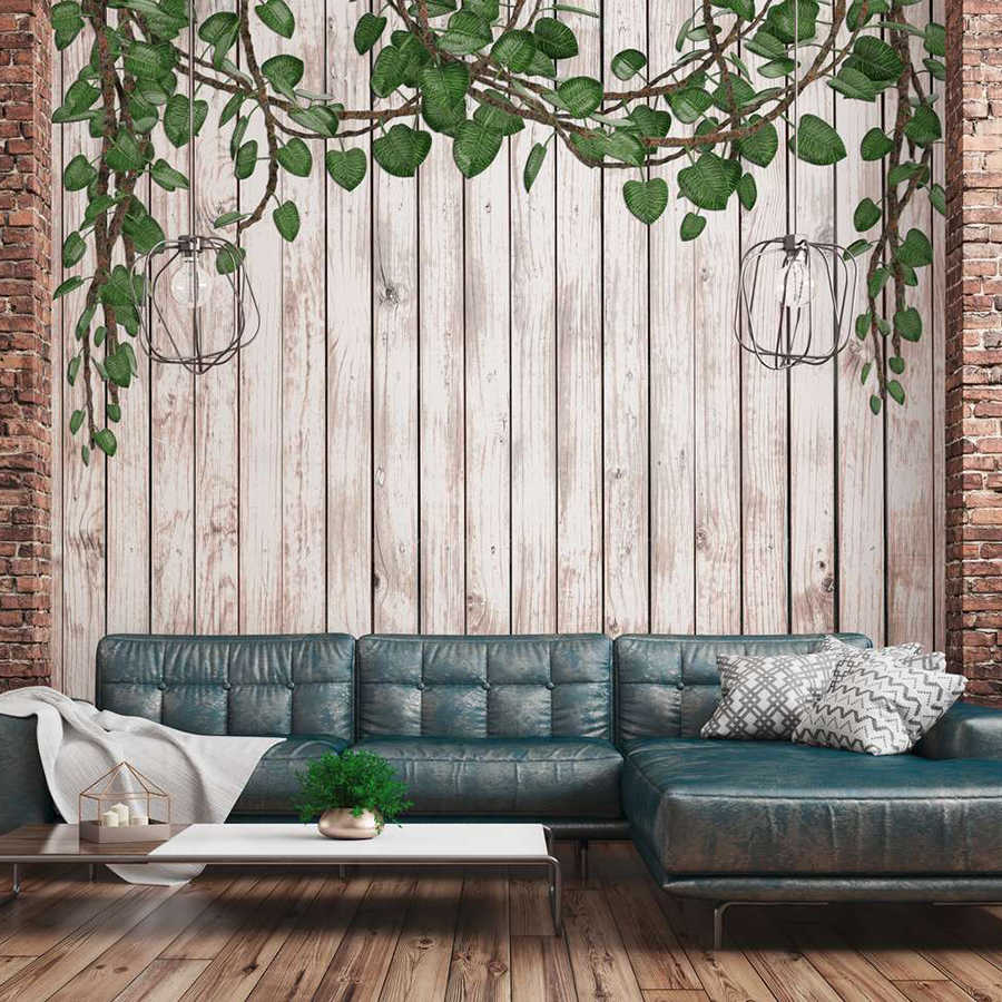 wanddekoration, holzpaneel, grünespflanzen, hintergrundwand, sofa