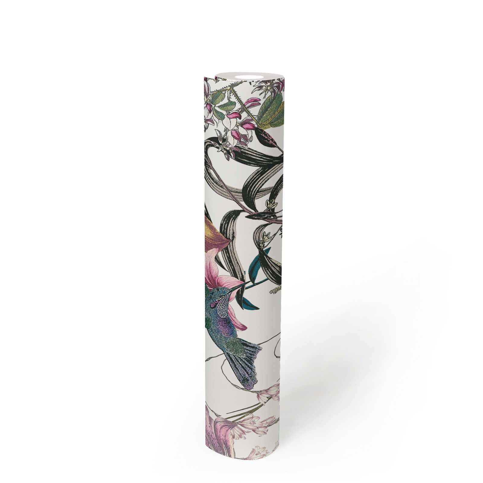             Bunte Blumentapete mit Kolibri Design – Bunt, Grün, Gelb
        